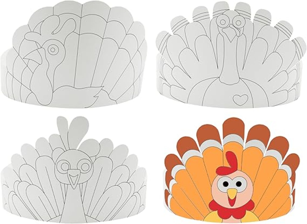 4E's Novelty Thanksgiving Paper Crowns, 24 Pcs Thanksgiving Hat Decorations, Color Your Own Turkey Hat Craft, Adjustable for Fall Crown Craft and Headband, School & Friends Giving Kids Activities